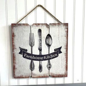 Farmhouse Kitchen Wooden Wall Decor Hang By Jute Rope Rustic Spoon‎ Fork Knife